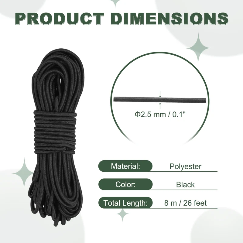 1/8 Inch Elastic Bungee Shock Cords 26 Feet Stretch String Rope, Black