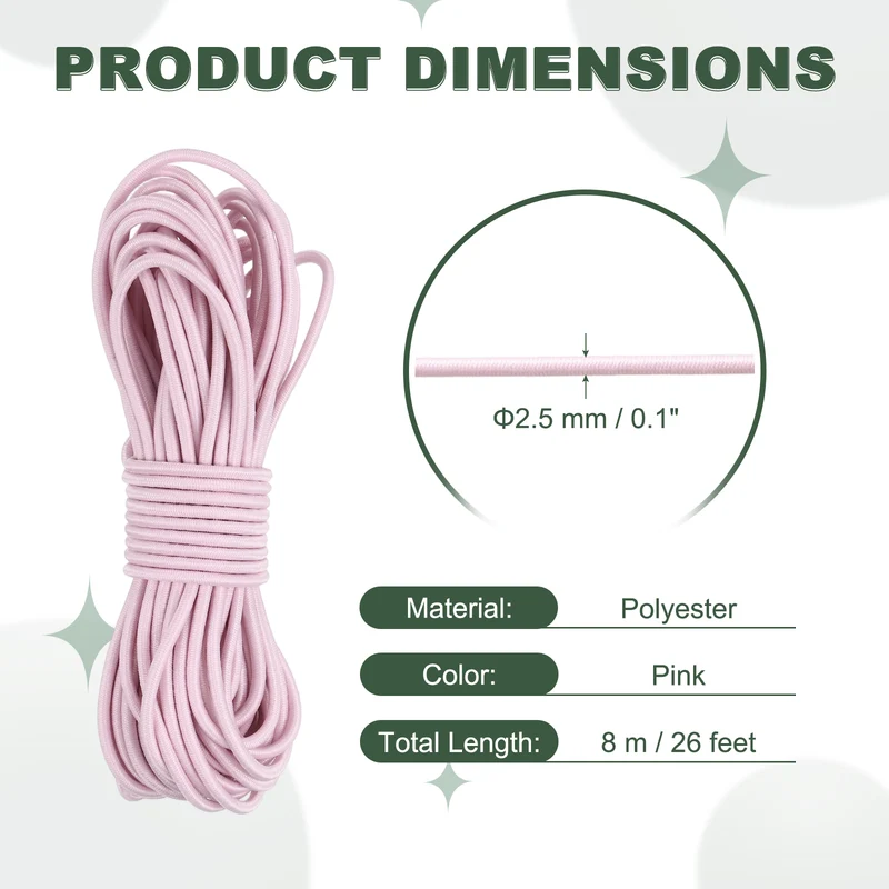 1/8 Inch Elastic Bungee Shock Cords 26 Feet Stretch String Rope, Pink