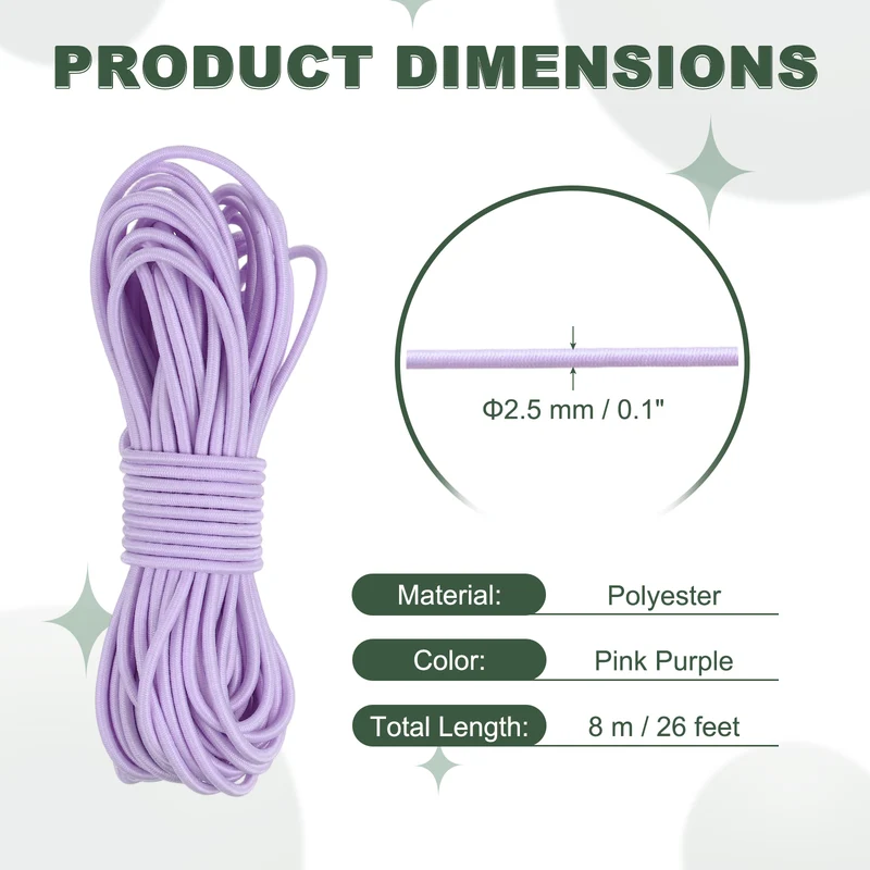 1/8 Inch Elastic Bungee Shock Cords 26 Feet Stretch String Rope, Pink Purple