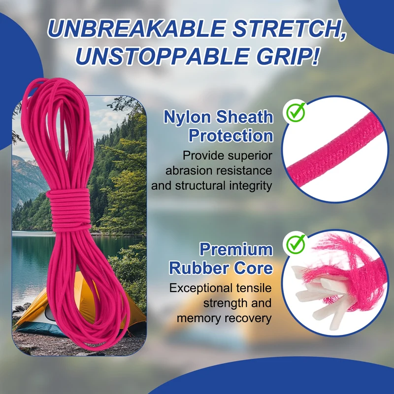 1/8" x 33' Elastic Bungee Cord, Bungee Shock Cord, Rose Red