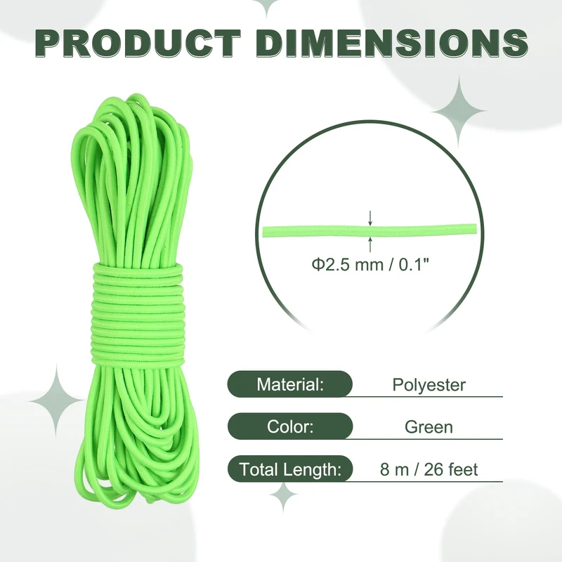 1/8 Inch Elastic Bungee Shock Cords 26 Feet Stretch String Rope, Green