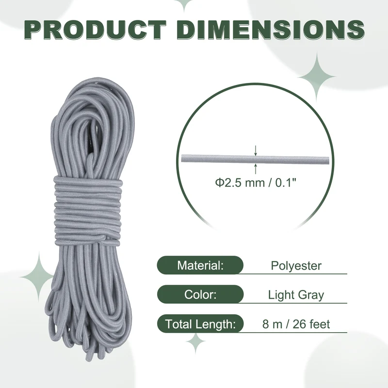 1/8 Inch Elastic Bungee Shock Cords 26 Feet Stretch String Rope, Light Gray