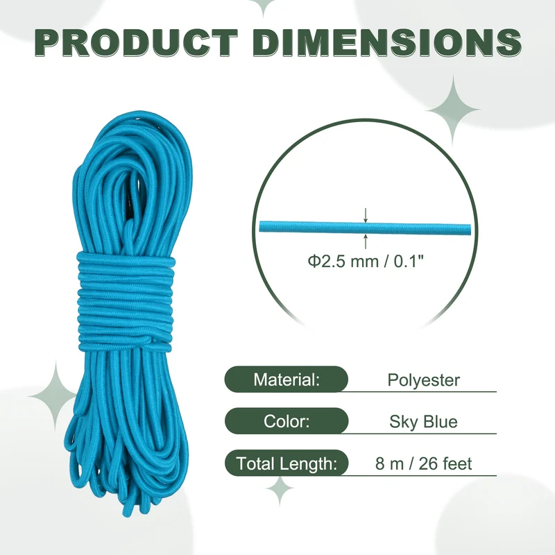 1/8 Inch Elastic Bungee Shock Cords 26 Feet Stretch String Rope, Sky Blue