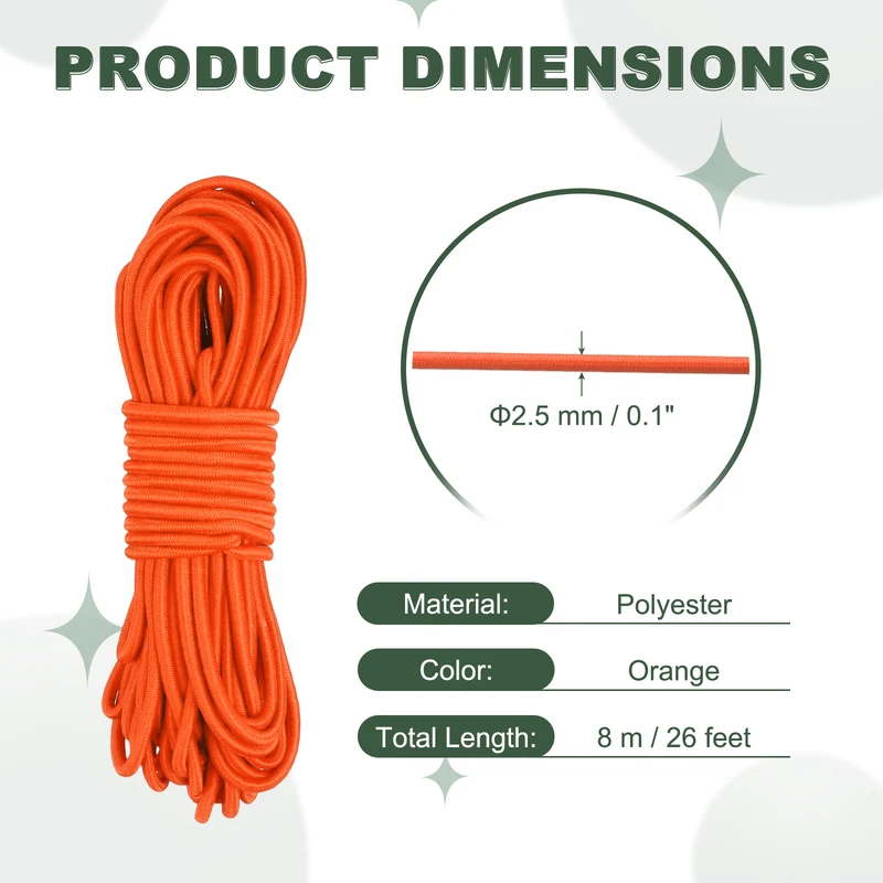 1/8 Inch Elastic Bungee Shock Cords 26 Feet Stretch String Rope, Orange