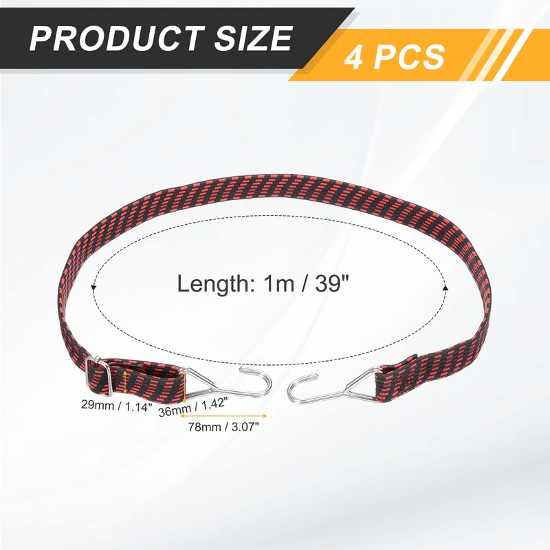 4Pcs Adjustable Bungee Cord with Hook 39" Elastic Bungee Straps, Red