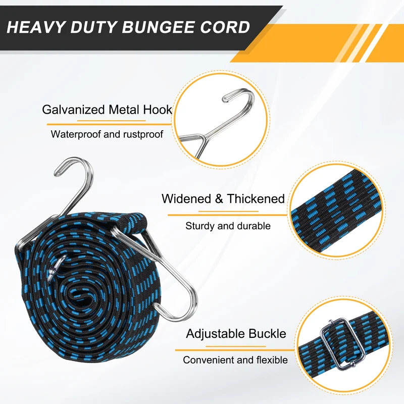 2Pcs Adjustable Bungee Cord with Hook 79" Elastic Bungee Straps, Blue