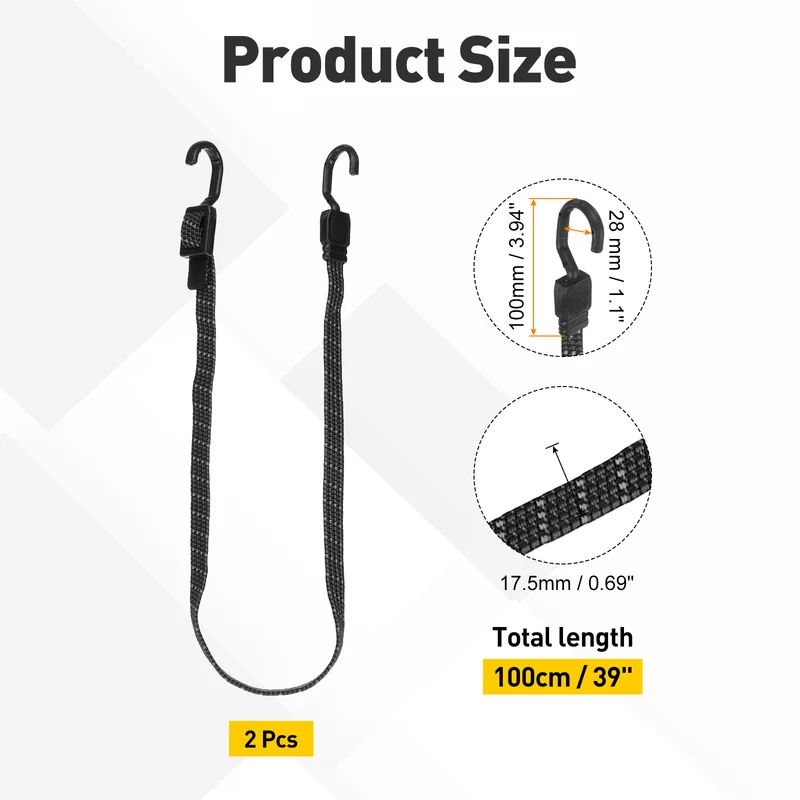 2pcs Adjustable Bungee Cords with Hook 39" Elastic Bungee Strap, Black Gray