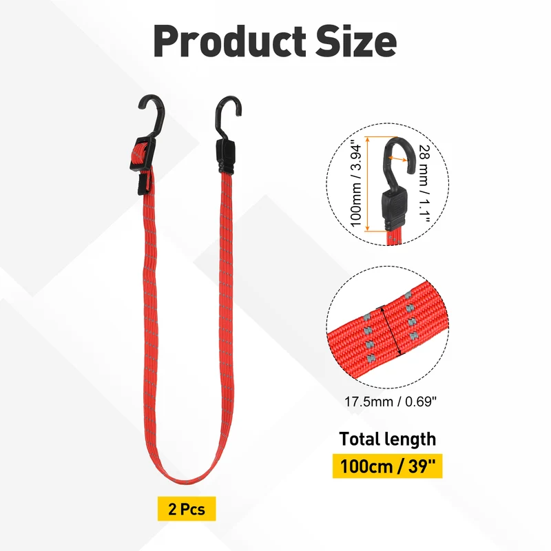 2pcs Adjustable Bungee Cords with Hook 39" Elastic Bungee Strap, Bright Red