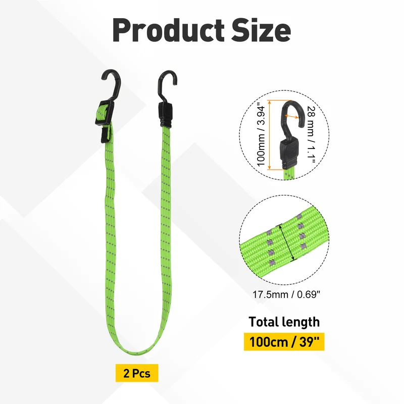 2pcs Adjustable Bungee Cords with Hook 39" Elastic Bungee Strap, Bright Green