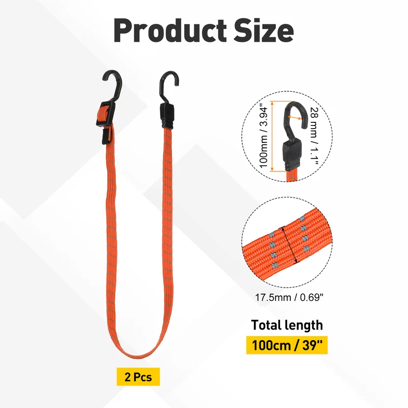 2pcs Adjustable Bungee Cords with Hook 39" Elastic Bungee Strap, Light Orange