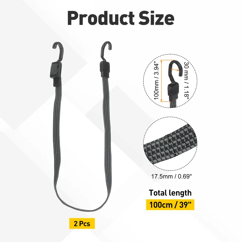2pcs Adjustable Bungee Cords with Hook 39" Elastic Bungee Strap, Grey Black