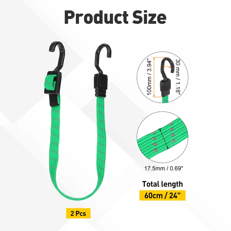 2pcs Adjustable Bungee Cords with Hook 24" Elastic Bungee Strap, Bright Green