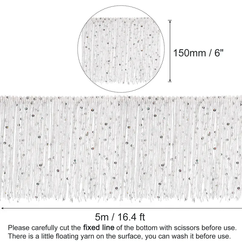 5.5 Yards of 6" White Sequin Fringe Trim DIY Tassel Trim, (16.4 Ft/5m)