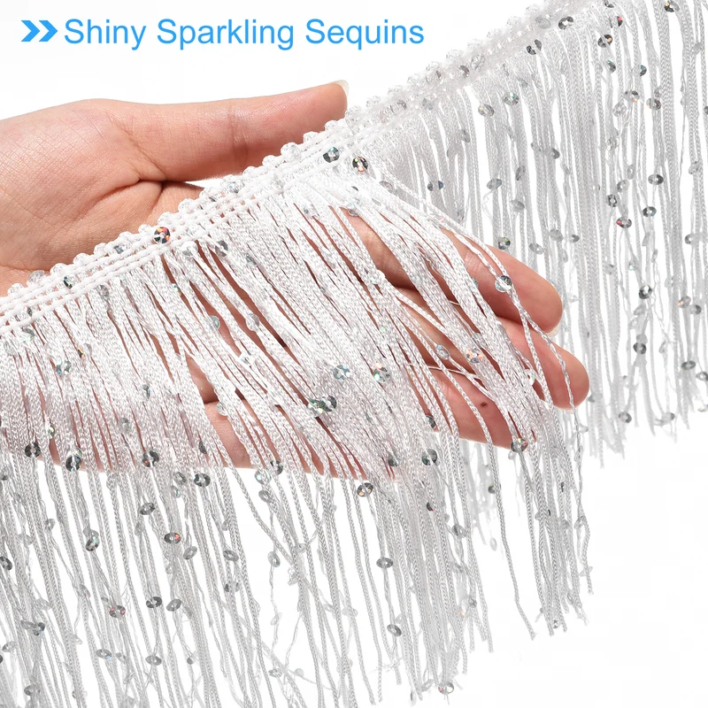 5.5 Yards of 6" White Sequin Fringe Trim DIY Tassel Trim, (16.4 Ft/5m)