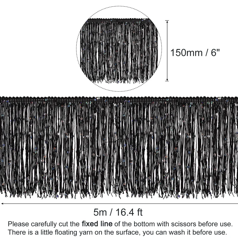 5.5 Yards of 6" Black Sequin Fringe Trim DIY Tassel Trim, (16.4 Ft/5m)