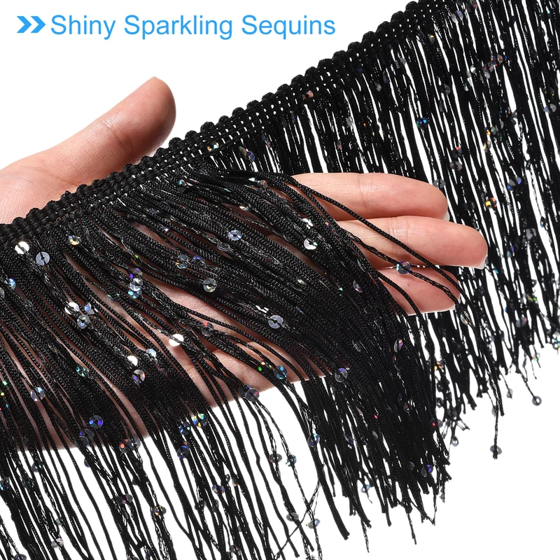 5.5 Yards of 6" Black Sequin Fringe Trim DIY Tassel Trim, (16.4 Ft/5m)