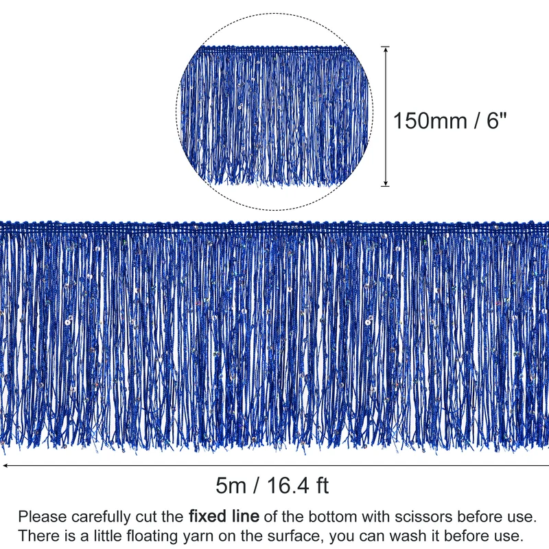 5.5 Yards of 6" Blue Sequin Fringe Trim DIY Tassel Trim, (16.4 Ft/5m)