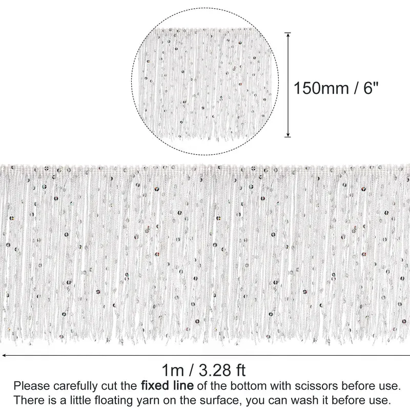 1 Yard of 6" White Sequin Fringe Trim DIY Tassel Trim, (3.28 Ft/1m)