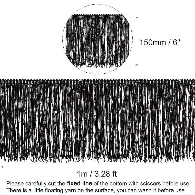 1 Yard of 6" Black Sequin Fringe Trim DIY Tassel Trim, (3.28 Ft/1m)