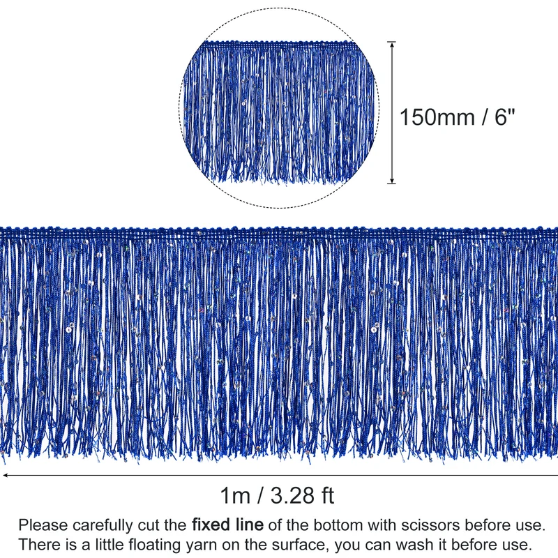 1 Yard of 6" Blue Sequin Fringe Trim DIY Tassel Trim, (3.28 Ft/1m)