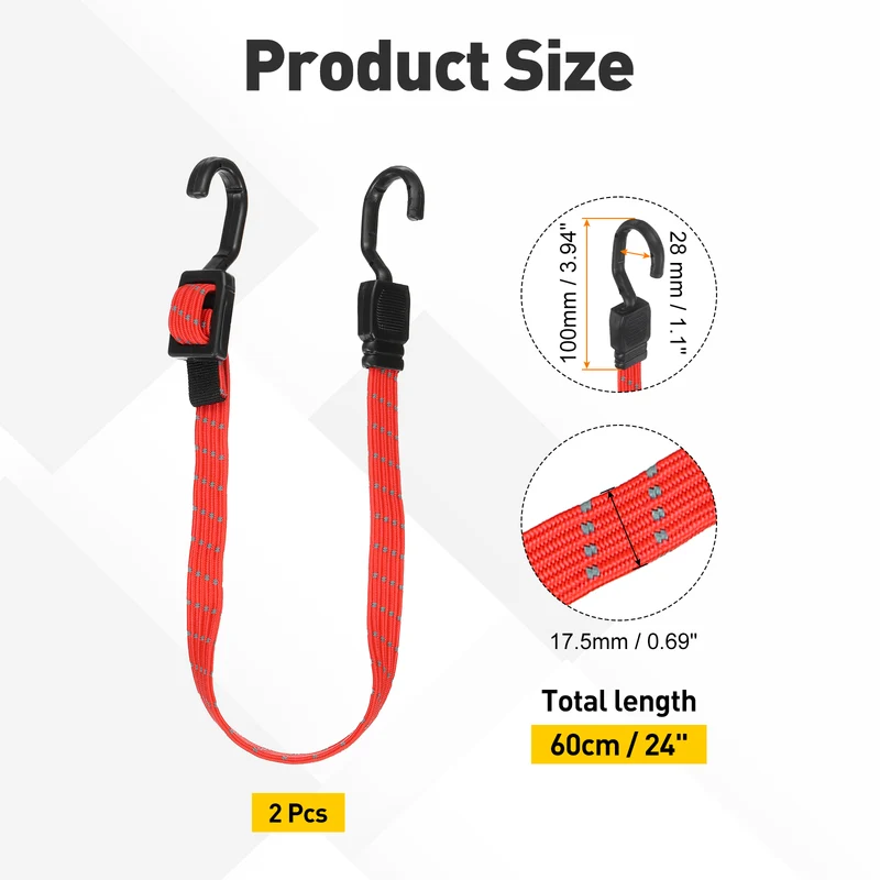 2pcs Adjustable Bungee Cords with Hook 24" Elastic Bungee Strap, Bright Red