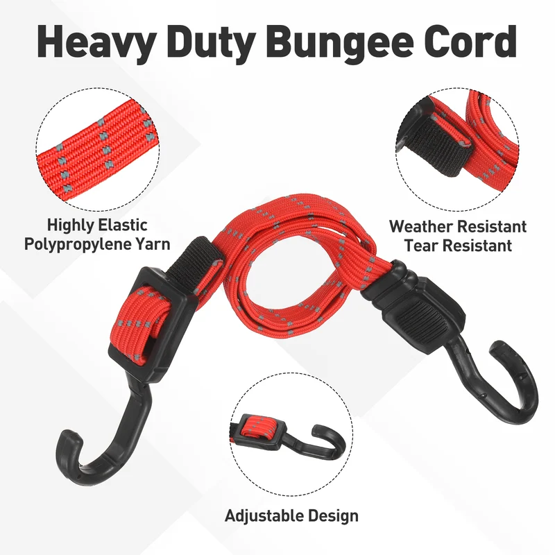 2pcs Adjustable Bungee Cords with Hook 24" Elastic Bungee Strap, Bright Red