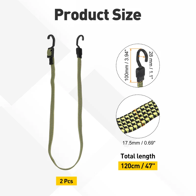 2pcs Adjustable Bungee Cords with Hook 47" Elastic Bungee Strap, Yellow