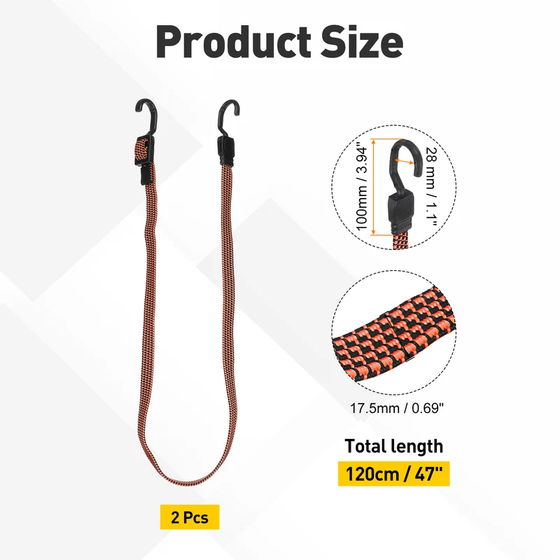 2pcs Adjustable Bungee Cords with Hook 47" Elastic Bungee Strap, Orange