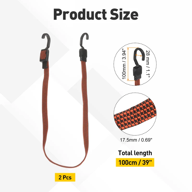 2pcs Adjustable Bungee Cords with Hook 39" Elastic Bungee Strap, Orange