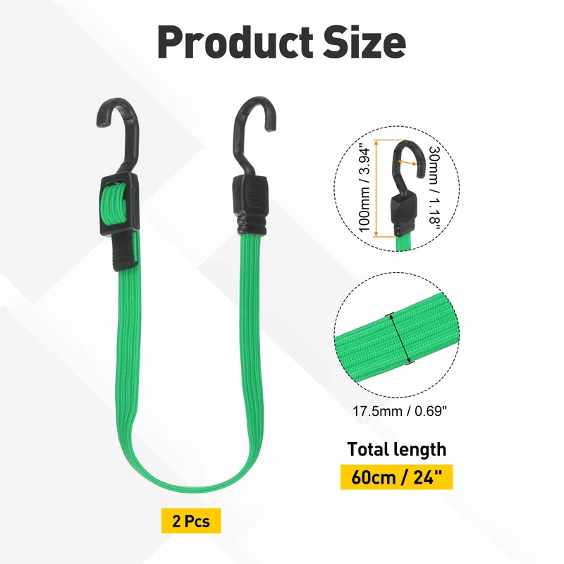 2pcs Adjustable Bungee Cords with Hook 24" Elastic Bungee Strap, Green