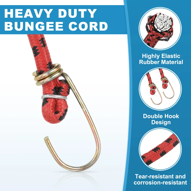 2Pcs 3.3ft Marine Grade Bungee Cord with Hooks Elastic Straps, Red