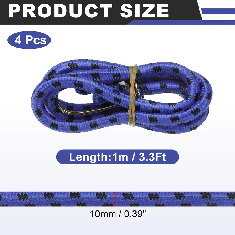 4Pcs 3.3ft Marine Grade Bungee Cord with Hooks Elastic Straps, Blue