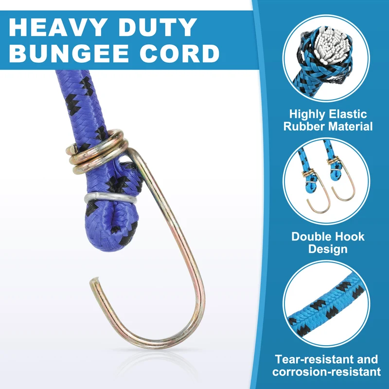 2Pcs 3.3ft Marine Grade Bungee Cord with Hooks Elastic Straps, Blue