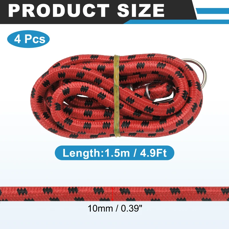 4Pcs 4.9ft Marine Grade Bungee Cord with Hooks Elastic Straps, Red