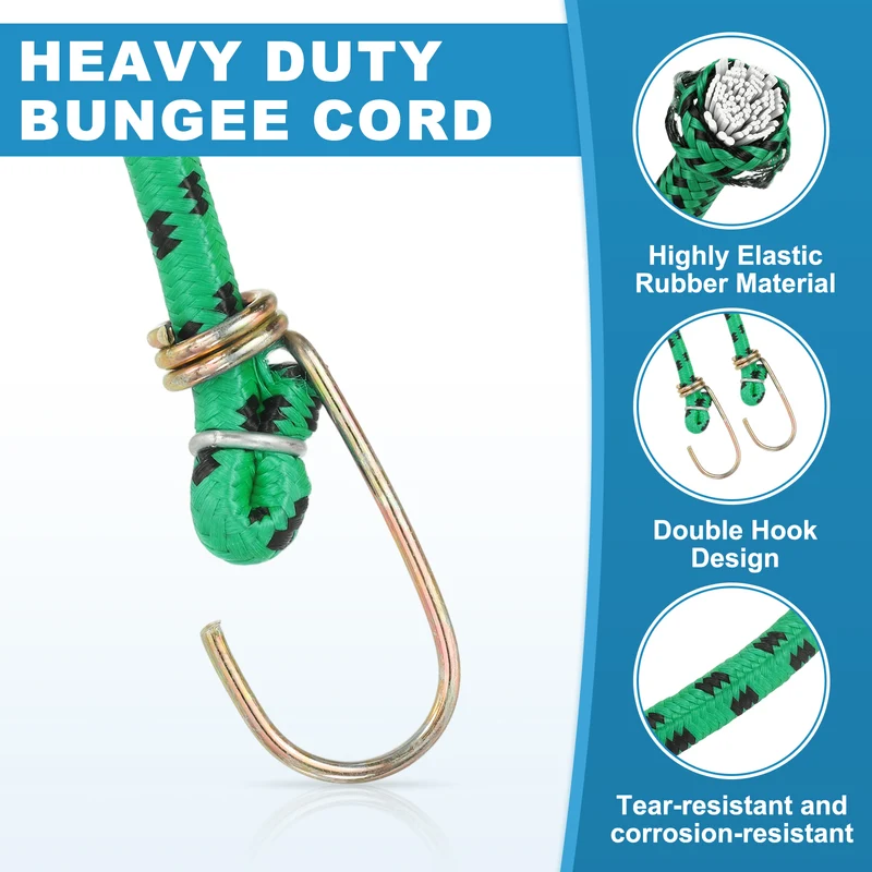 2Pcs 6.6ft Marine Grade Bungee Cord with Hooks Elastic Straps, Green