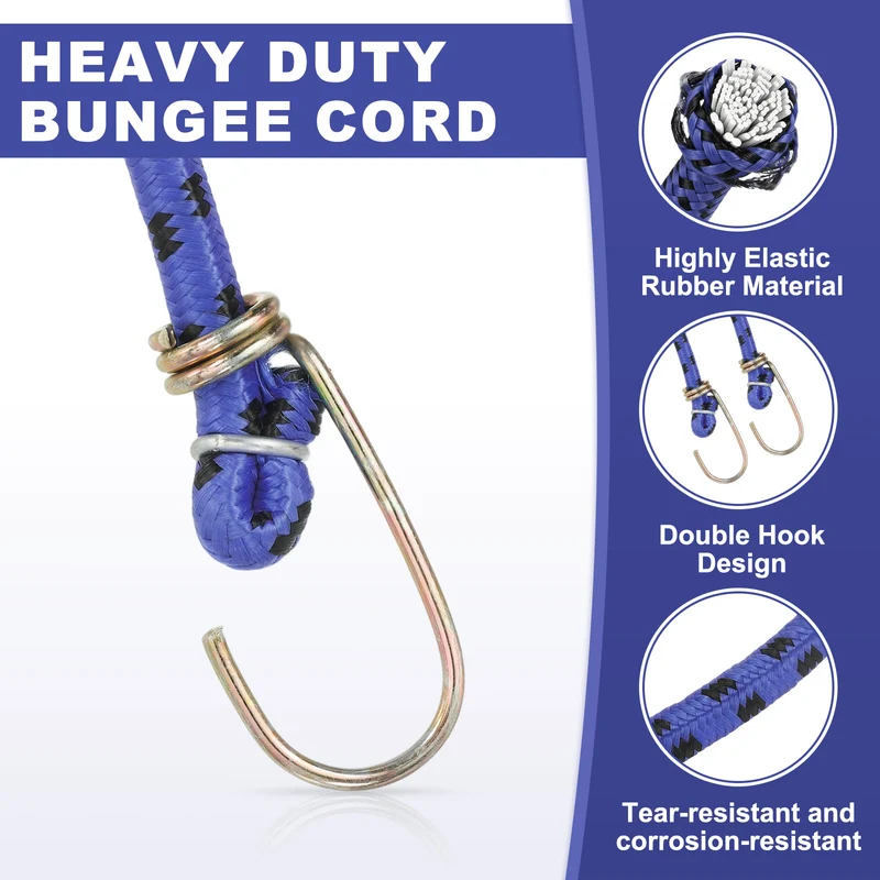 2Pcs 6.6ft Marine Grade Bungee Cord with Hooks Elastic Straps, Blue