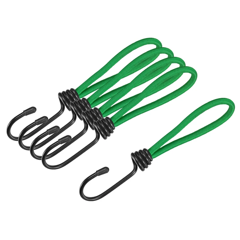 Elastic Cords with Hook 6 Inch Tarp Straps Ropes Fixed for Outdoor Camping Tent Canopy Awnings Cover, Green Pack of 5