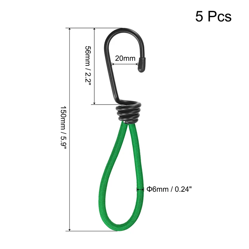 Elastic Cords with Hook 6 Inch Tarp Straps Ropes Fixed for Outdoor Camping Tent Canopy Awnings Cover, Green Pack of 5
