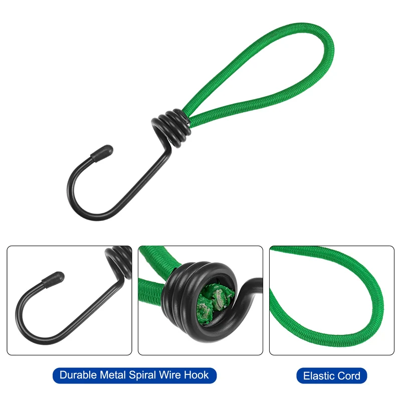 Elastic Cords with Hook 6 Inch Tarp Straps Ropes Fixed for Outdoor Camping Tent Canopy Awnings Cover, Green Pack of 5