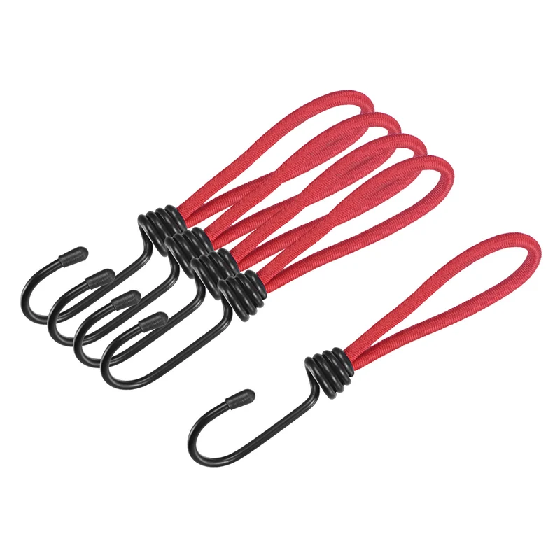 Elastic Cords with Hook 6 Inch Tarp Straps Ropes Fixed for Outdoor Camping Tent Canopy Awnings Cover, Red Pack of 5