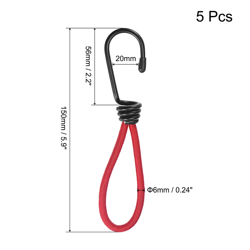 Elastic Cords with Hook 6 Inch Tarp Straps Ropes Fixed for Outdoor Camping Tent Canopy Awnings Cover, Red Pack of 5
