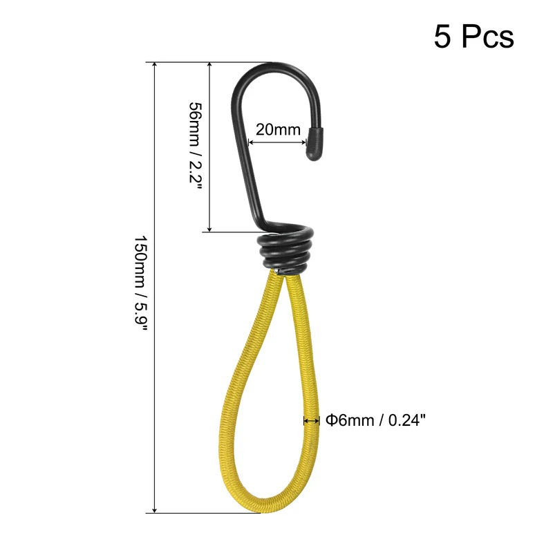Elastic Cords with Hook 6 Inch Tarp Straps Ropes Fixed for Outdoor Camping Tent Canopy Awnings Cover, Yellow Pack of 5