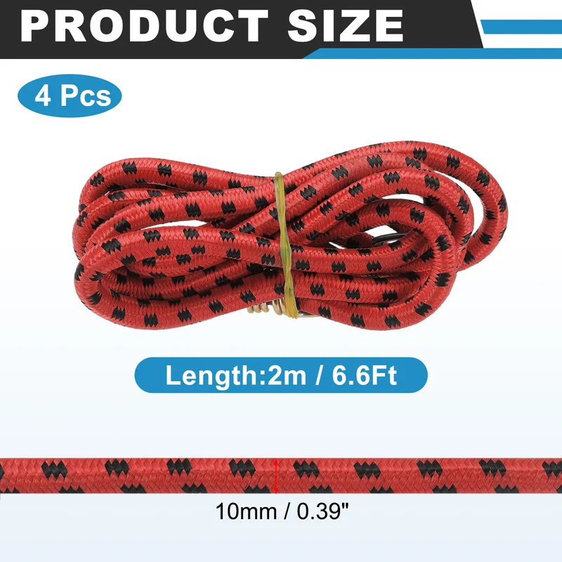4Pcs 6.6ft Marine Grade Bungee Cord with Hooks Elastic Straps, Red