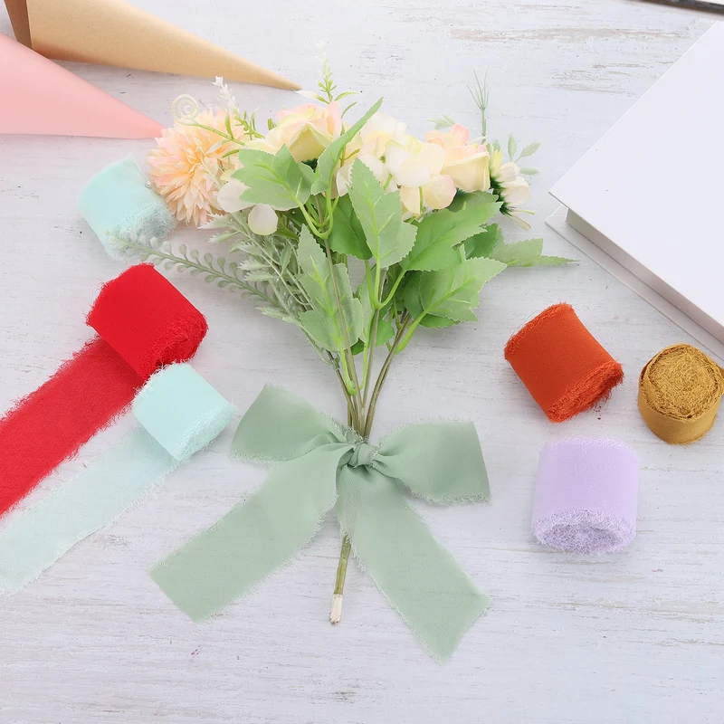 4 Rolls 1"x5.5Yd Chiffon Ribbon Handmade Fringe Chiffon Silk Ribbon Pink