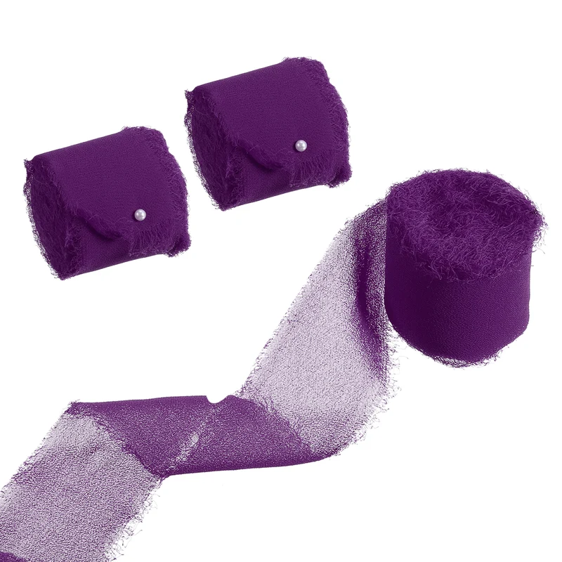 3 Rolls 1.5"x7Yd Chiffon Ribbon Handmade Fringe Chiffon Silk Ribbon Dark Purple