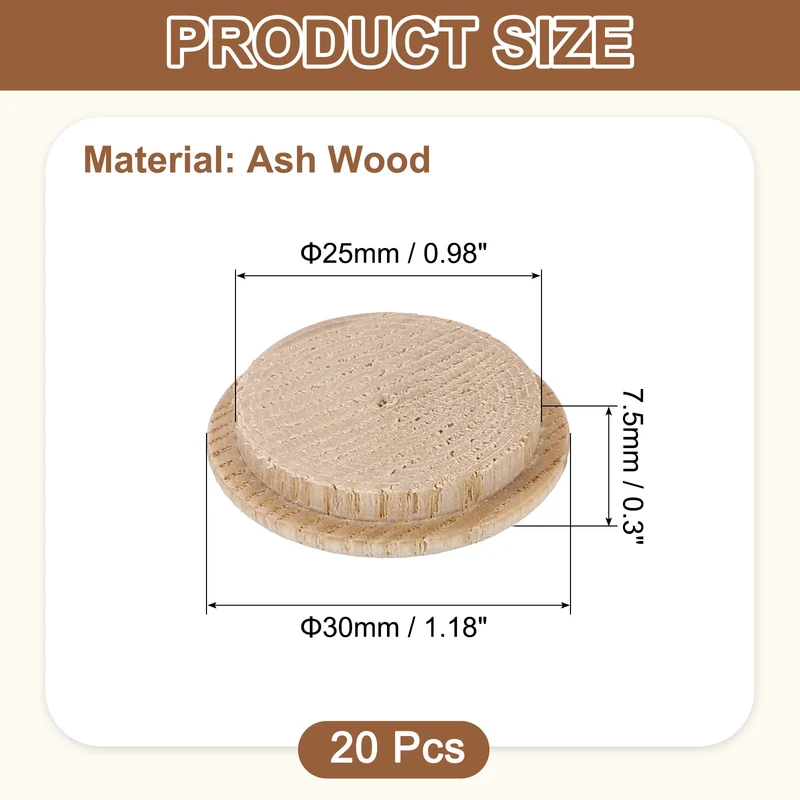 20Pcs Wood Button Plugs, 25mm/0.98" Ash Hardwood Screw Hole Plug for Furniture
