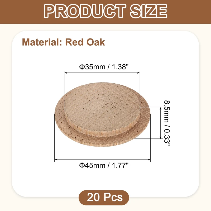 20Pcs Wood Button Plugs, 35mm/1.38" Oak Hardwood Screw Hole Plugs for Furniture
