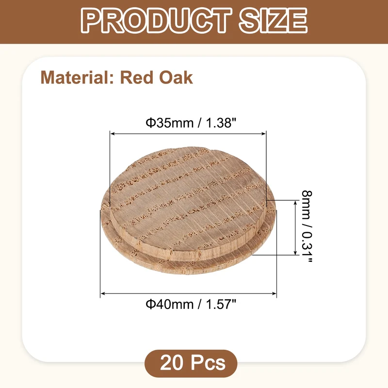 20Pcs Wood Button Plugs, 35mm/1.38" Oak Hardwood Screw Hole Plug for Furniture