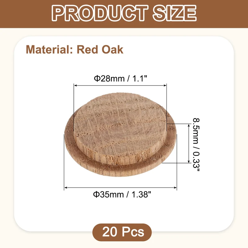 20Pcs Wood Button Plugs, 28mm/1.1" Oak Hardwood Screw Hole Plug for Furniture