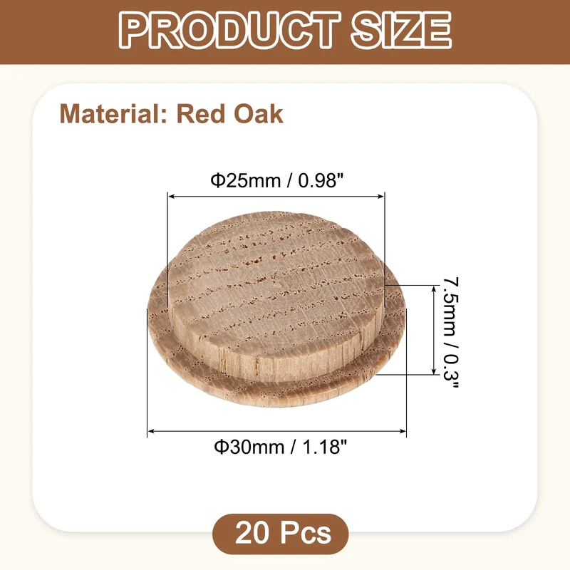 20Pcs Wood Button Plugs, 25mm/0.98" Oak Hardwood Screw Hole Plug for Furniture